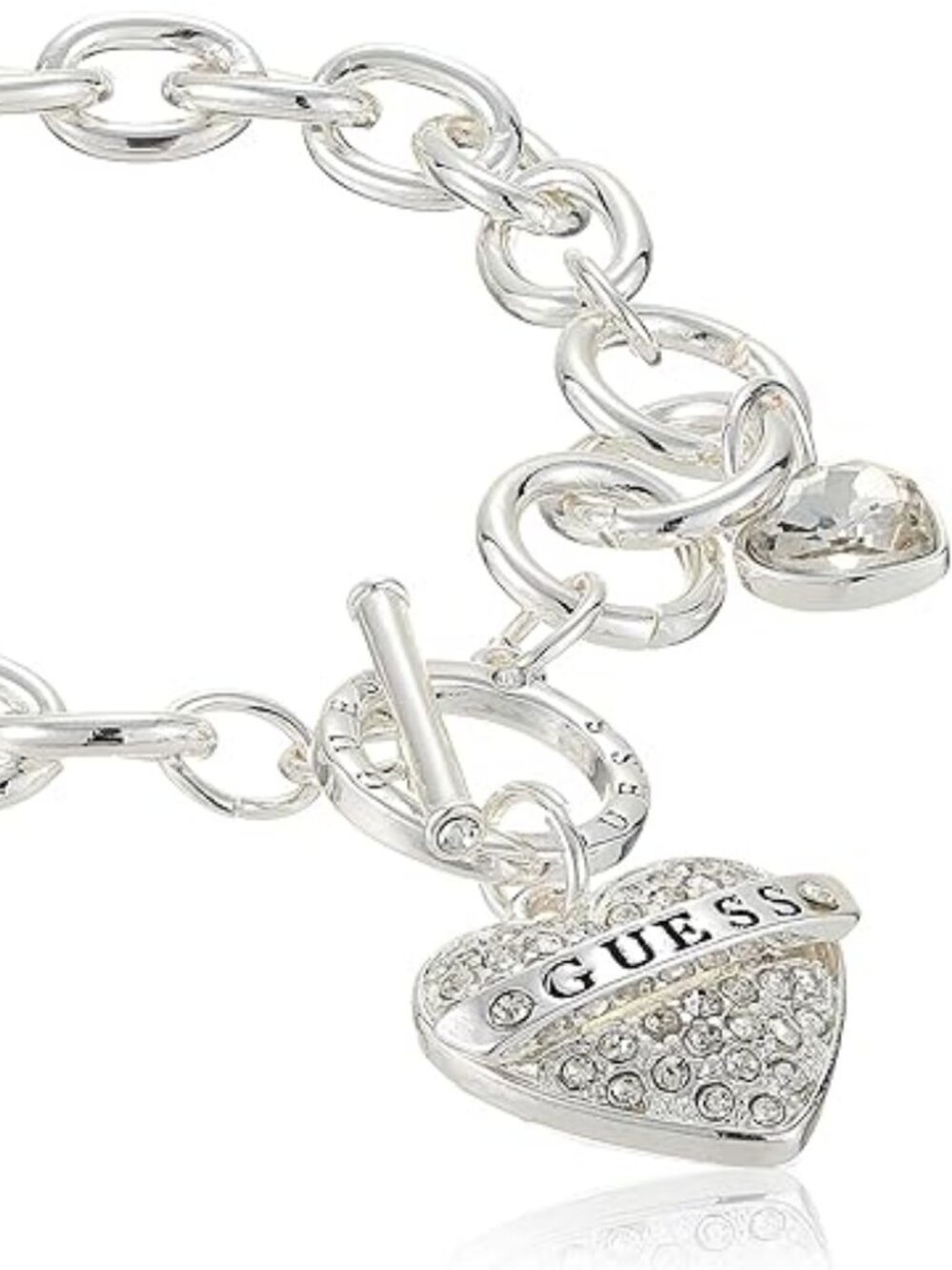 GUESS Heart Charm Bracelet Silver Tone Chain Toggle Dangle Bracelet